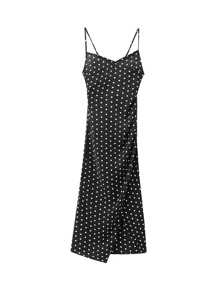 

Summer Dot Print Camisole Midi Dress Women Ruched Split Backless Drawstring Black Dresses