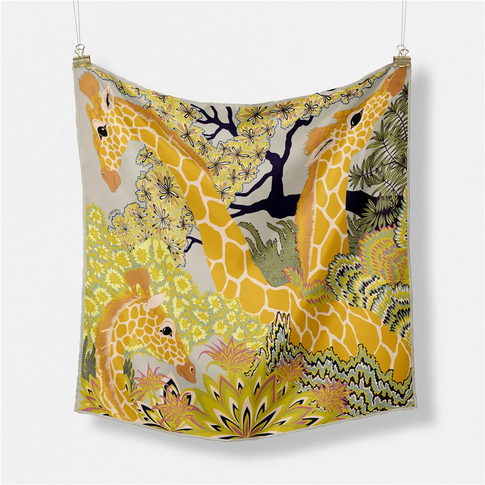 53 cm Marke Giraffe Quadrat Schal Frau 2024 Design Silk Schal Frauen Bandana Luxus Stirnband Hijab Halstuch – Detail 17