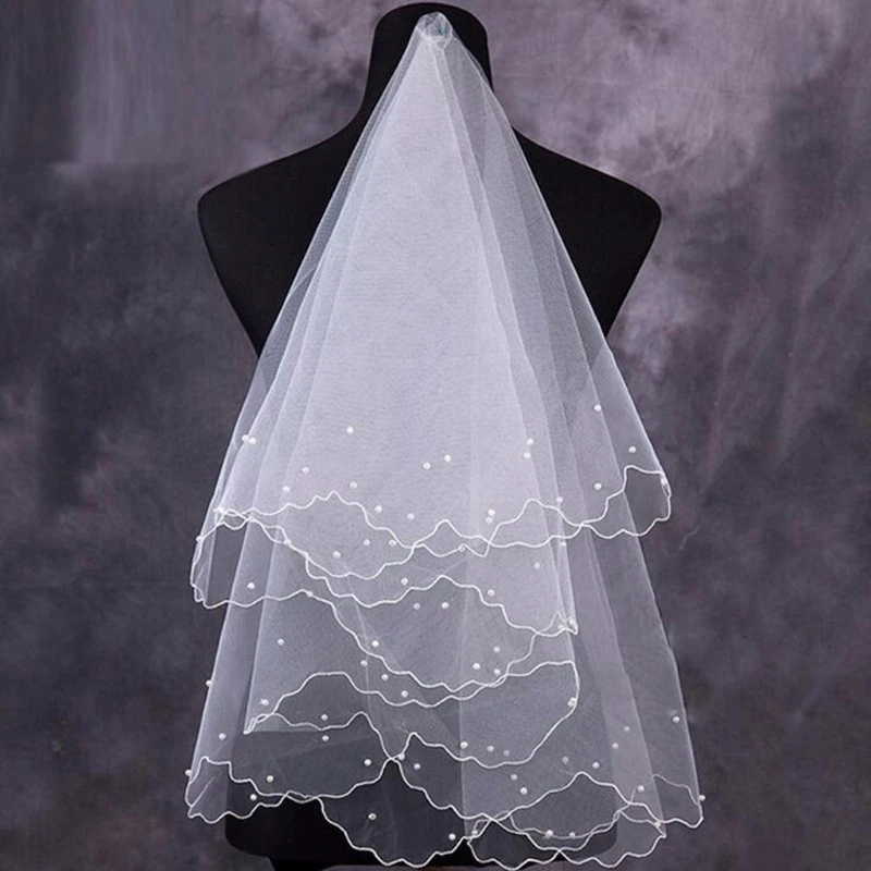 

Pearl Wedding Dress Veil Layers Tulle Ribbon Bridal Veils Women Accessories