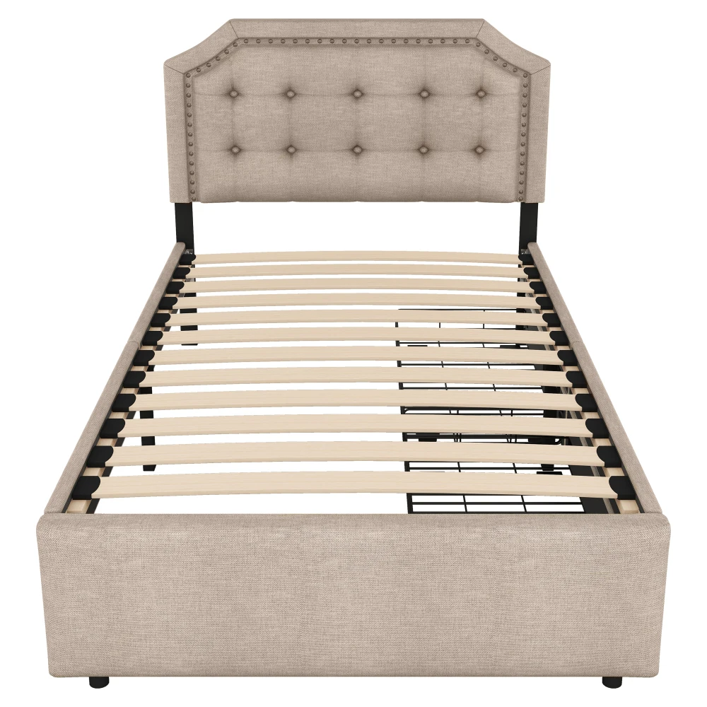 Elegantes gepolstertes Flachbett 90 x 200 cm – hellbeiges Bett mit Nietenverzierung, 2 Schubladen mit Stauraum, platzsparende Schlafzimmermöbel – Detail 19