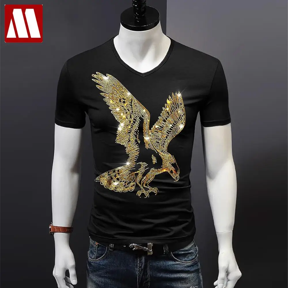 England Style Fancy Tshirt Short Sleeve T-shirt Eagle Design Bottom T Shirts Print Summer Rhinestone Men's Fashion Solid MYDBSH