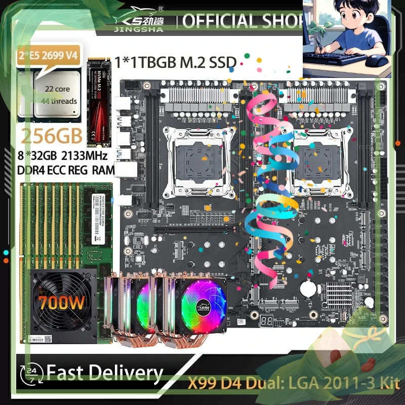 X99 with 2 Pcs E5 2699 V4 +8*32GB=256GB DDR4 2133MHZ ECC REG RAM X99 ...