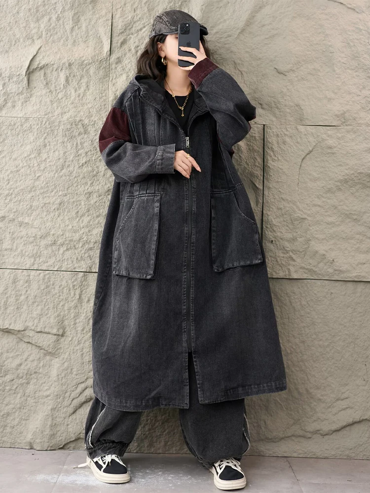 Amax LuluE Brand Fall Ladies Casual Oversized Hooded Vintage Denim