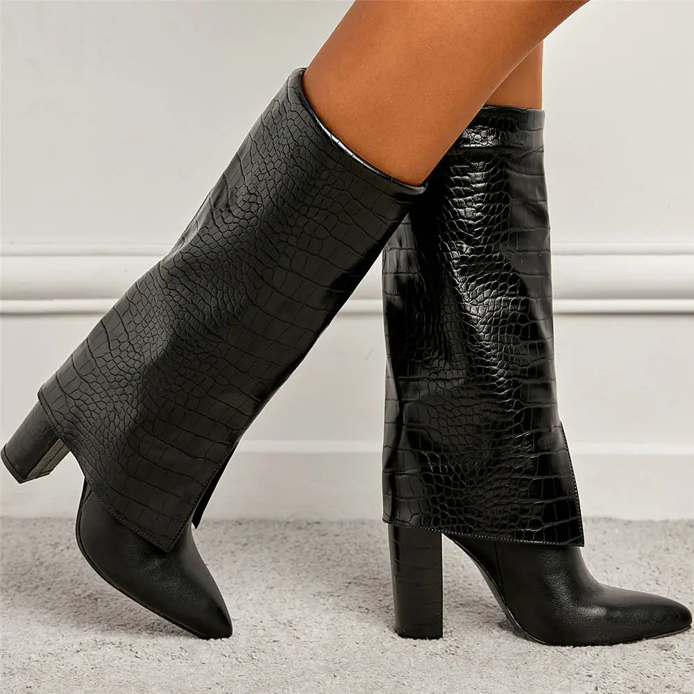 

Boot 2023 Calf Modern Lady Boots Women Shoes Black Pointed Toe Vintage High Thin Heels Slip On Cowboy Leg Warmer Boots