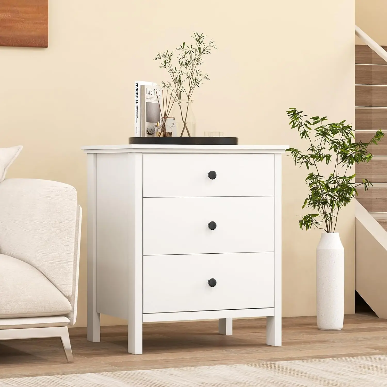 Nightstand with 3 Drawers, Wooden Side End Table with Solid Wood Legs, Retro 3-Drawer Bedside Table Night Stand for