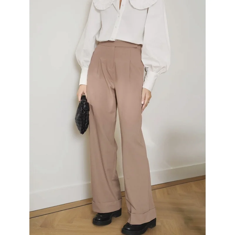 

Commuter Pleated Khaki Casual Suit Pants Female Spring New Drooping Wide-Leg Pants High Waist Suit Pants Wholesale Fengsb