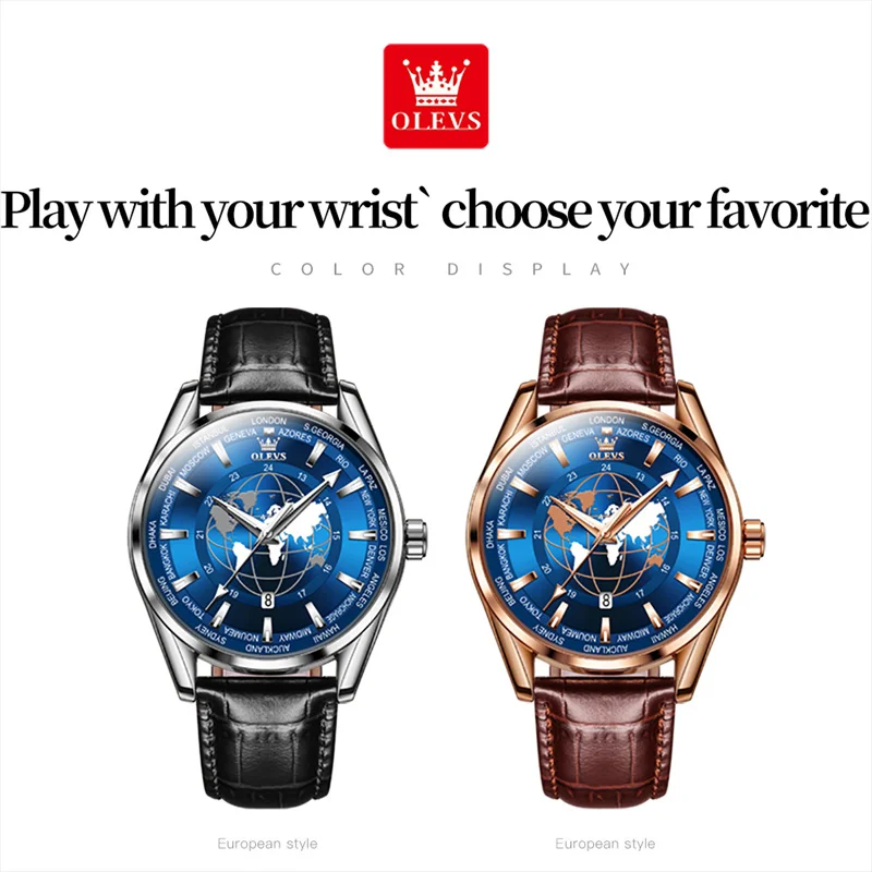 OLEVS Globe Pattern New Quartz Men's Watch Luminous Fashion Luxury Sport Watches Rose Gold Steel Case Clock Reloj Hombre