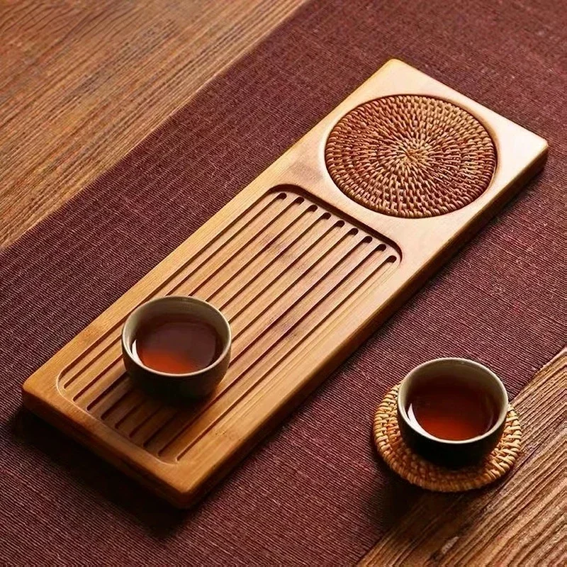 Wooden Serving Tray Tea Tray Solid Bamboo Wood Tea Tray Portable Rattan Mat Rectangle