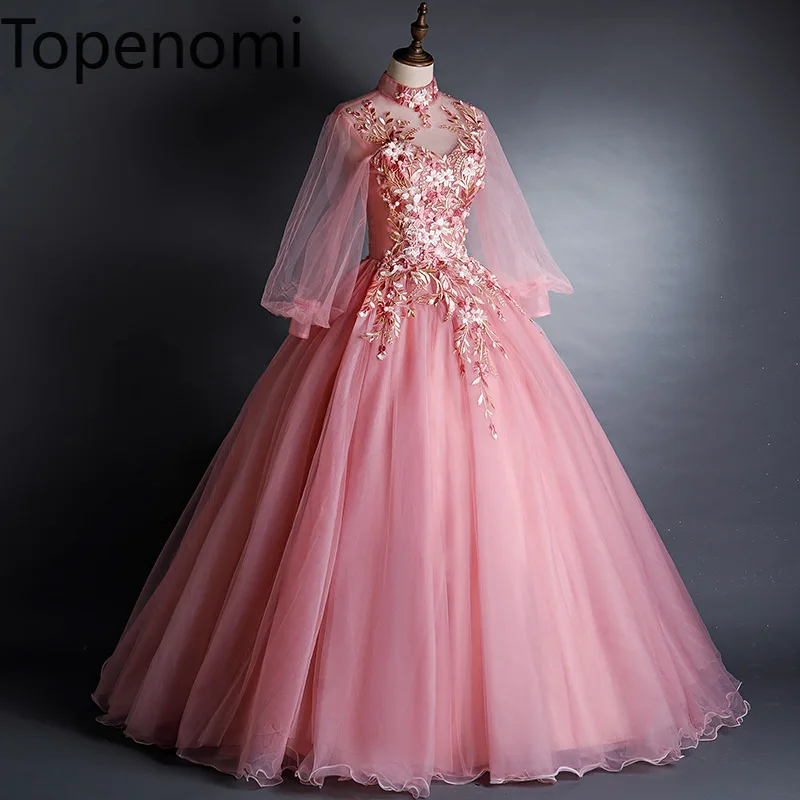 

Topenomi Long Sleeve Quinceanera Dresses Women Stand Collar Appliques Waist Ball Gowns 2024 New Elegant Wedding Prom Dresses