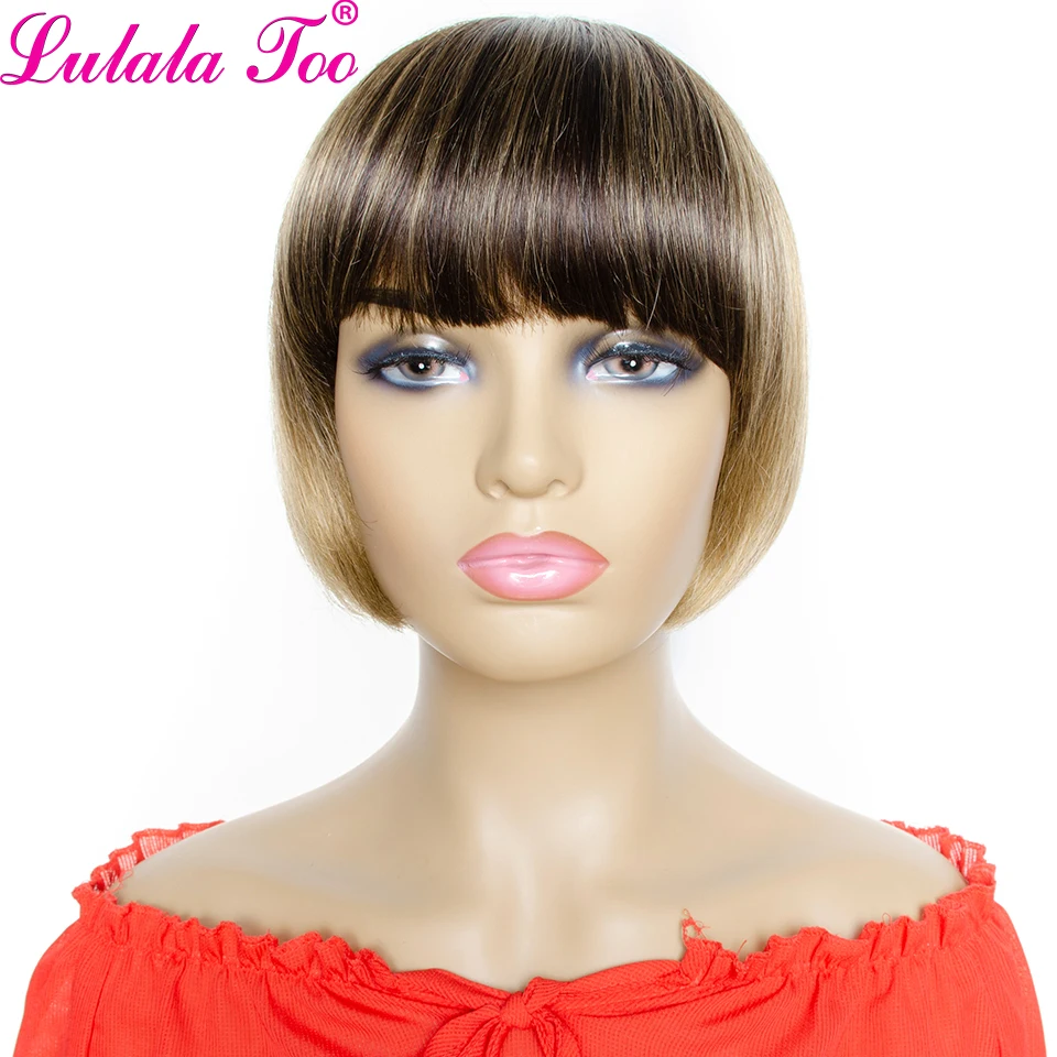 Ombre Straight Human Hair Wigs Brazilian Remy Hair Short Bob Wig With Bangs 4/27 Honey Blonde Full Machine Wigs Yepei
