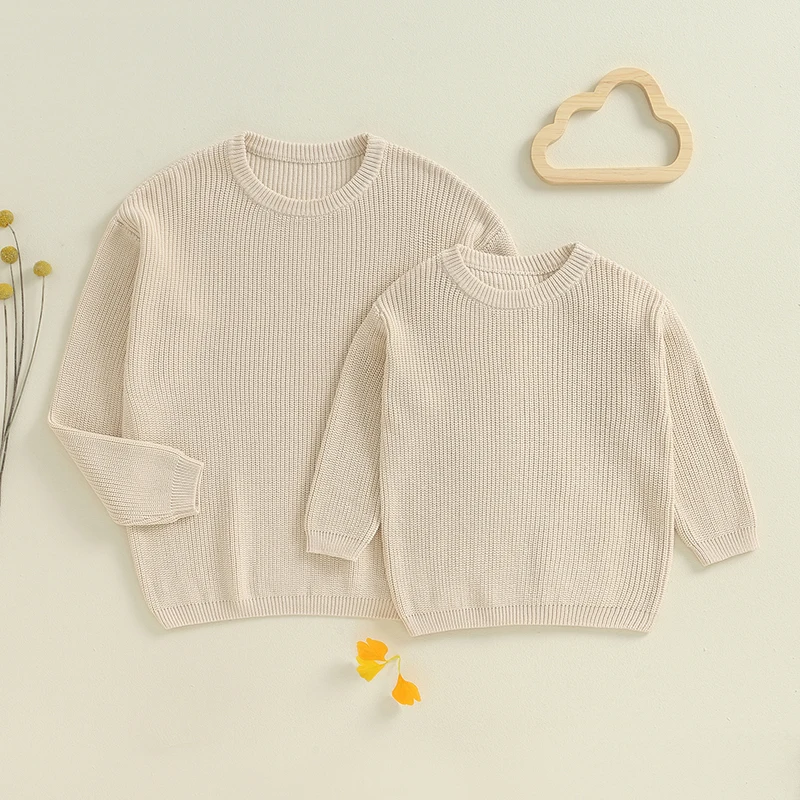 Autumn Winter Fashion Mommy and Me Matching Sweaters Solid Color Ribbed Long Sleeve Round Neck Chunky Knit Tops 4