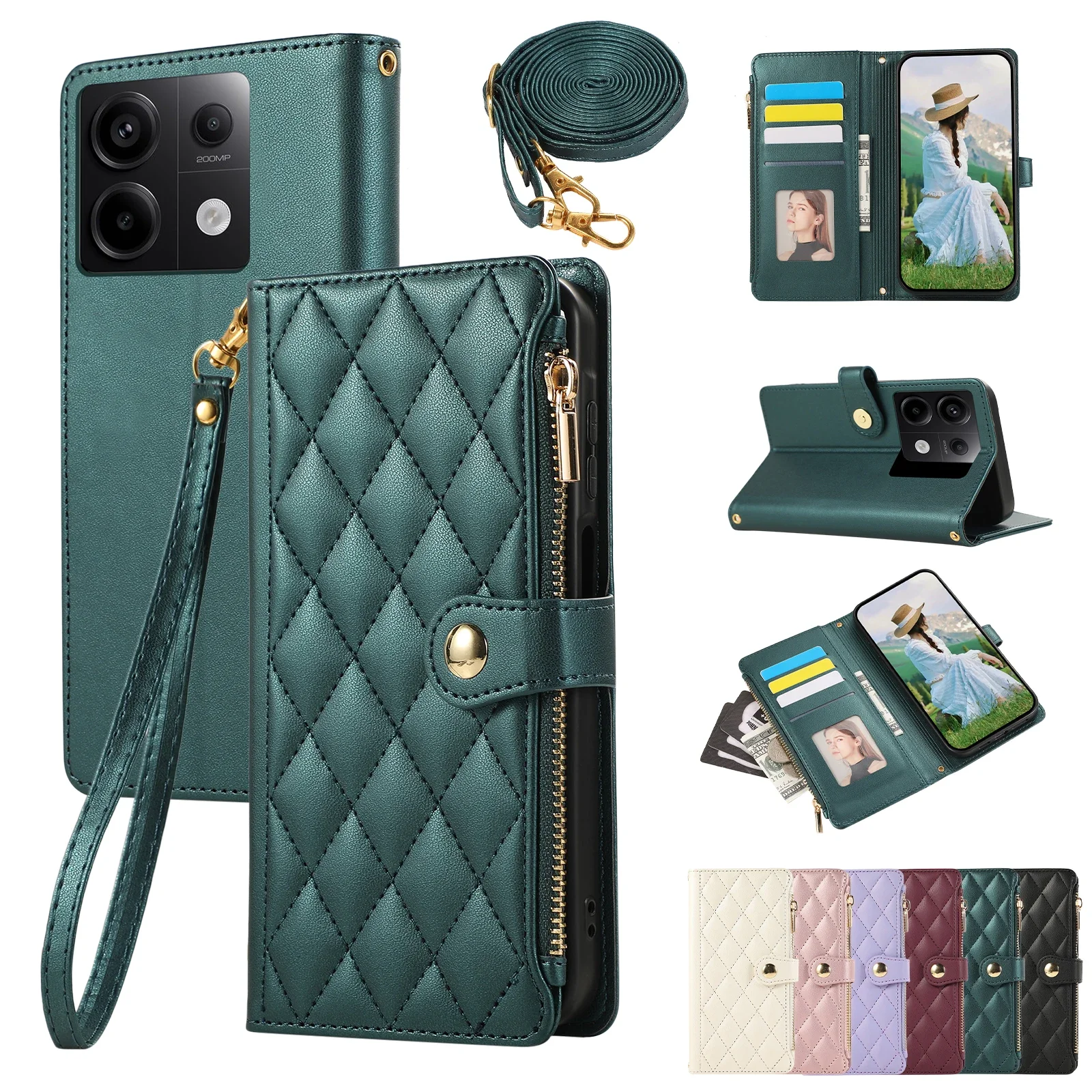 Elegant Crossbody Leather Wallet Case with Zipper and Lanyard - Diamond Design Cover