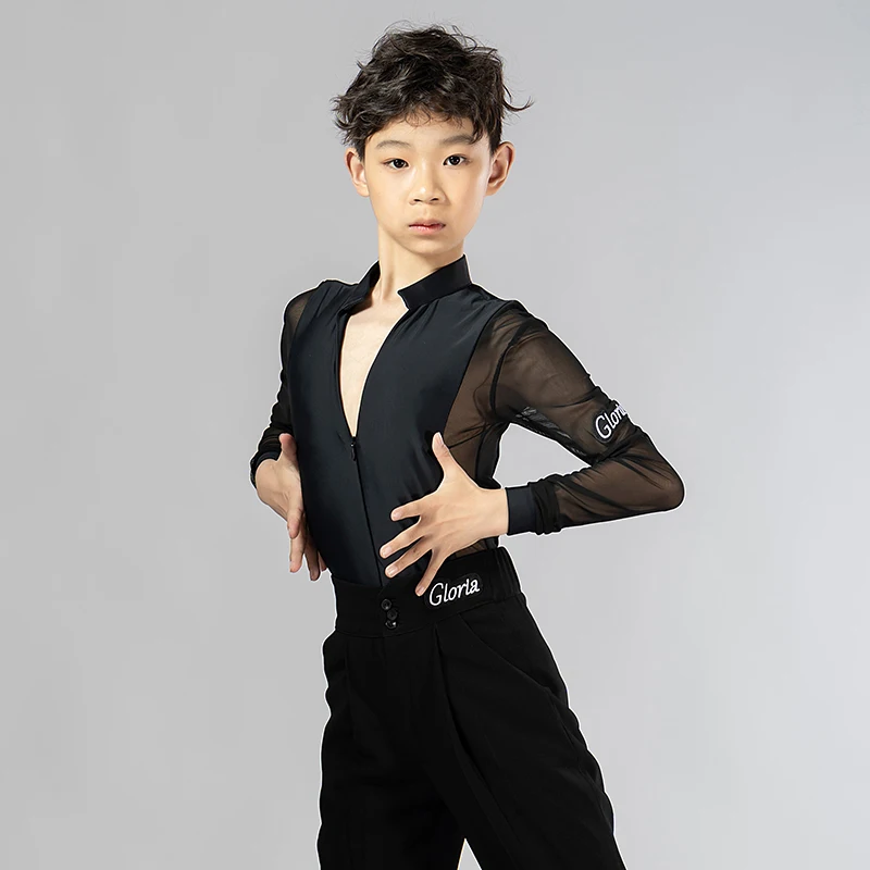 thumbnail image 2 of WaiYeeHei Boys Latin Dance Shirt - Floral Lace Mesh Long Sleeve Leotard For Salsa, Tango & Ballroom 2 of 13