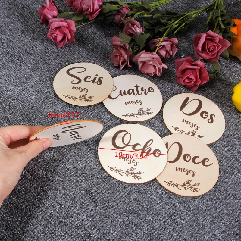 6 Pcs/Set Handmade Baby Milestone Cards Newborn Monthly Recording Cards Spanish Language Letters Leaves Print Photocards Infants