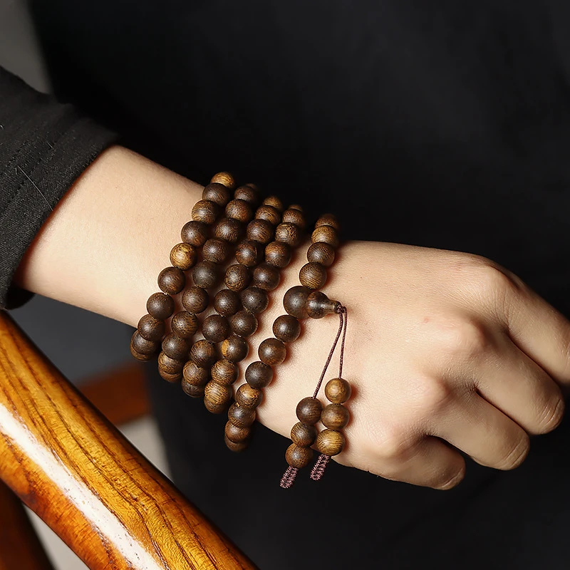 

Authentic Vietnam Nha Trang Submerged Old Materials Yellow Chess Nan Eaglewood Buddha Beads Bracelet 108 Men and Women Crafts