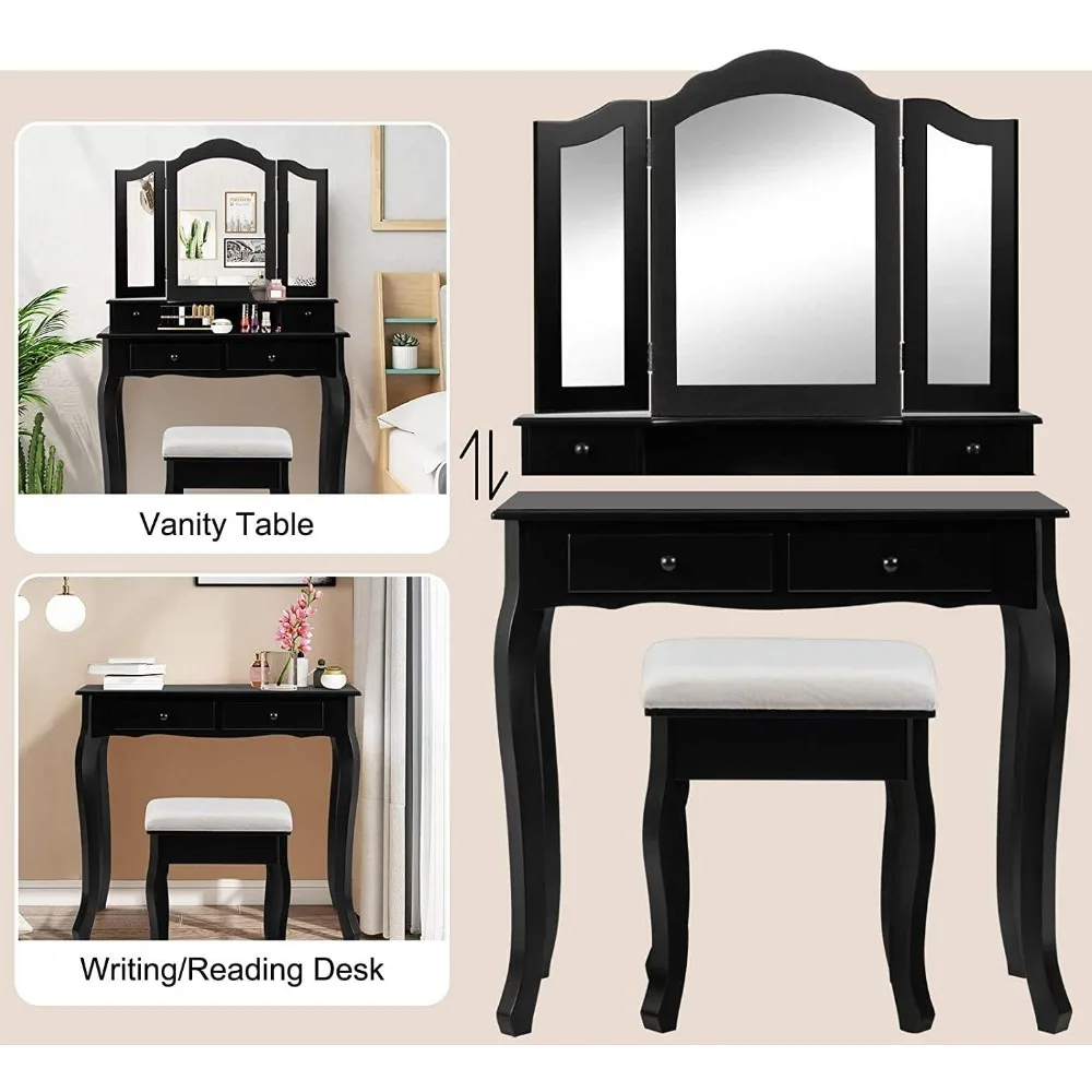 Dressers,Vanity Table Set with Tri-Folding Mirror and 4 Drawers, Modern Bedroom Bathroom Dressing Table Makeup  Dressers images - 6