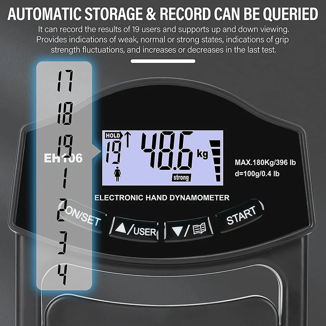 Grip Strength Tester 396Lbs/180Kg Digital Hand Dynamometer Grip Strength Meter USB LCD Screen Hand Dynamometer