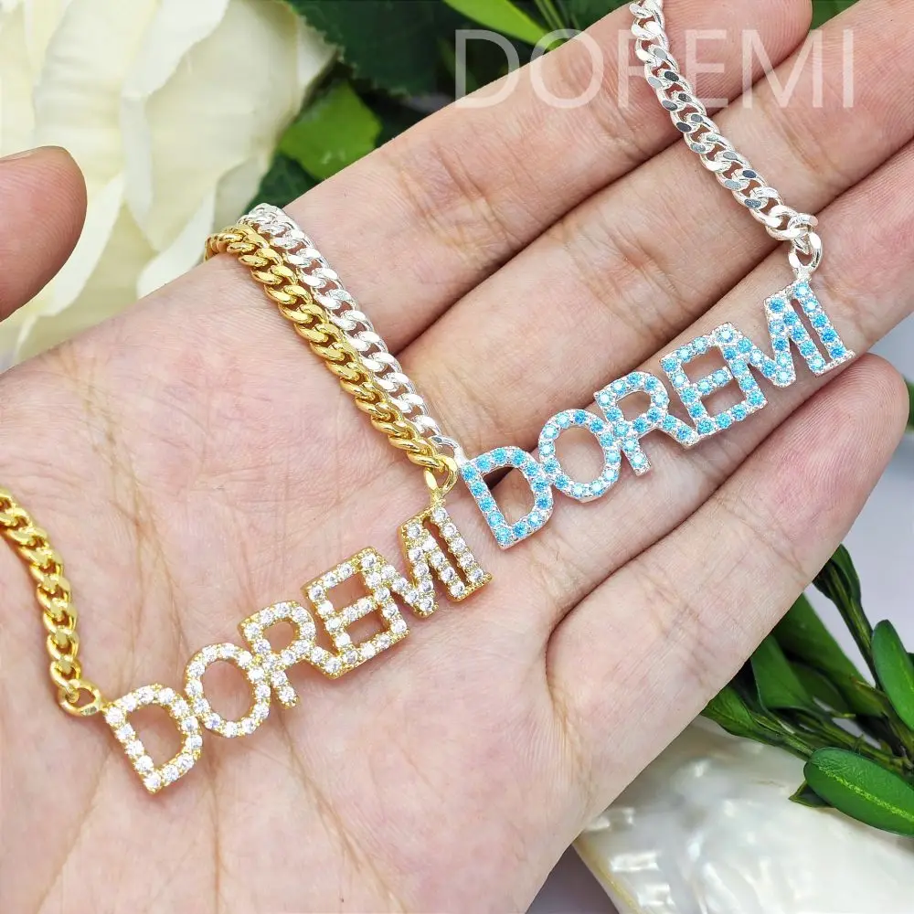 DOREMI 9mm Alphabetic Birthstone Zircon Letter Custom Name Cuban Chain Fashion Jewelry Zircon Blue Letter Name Necklace
