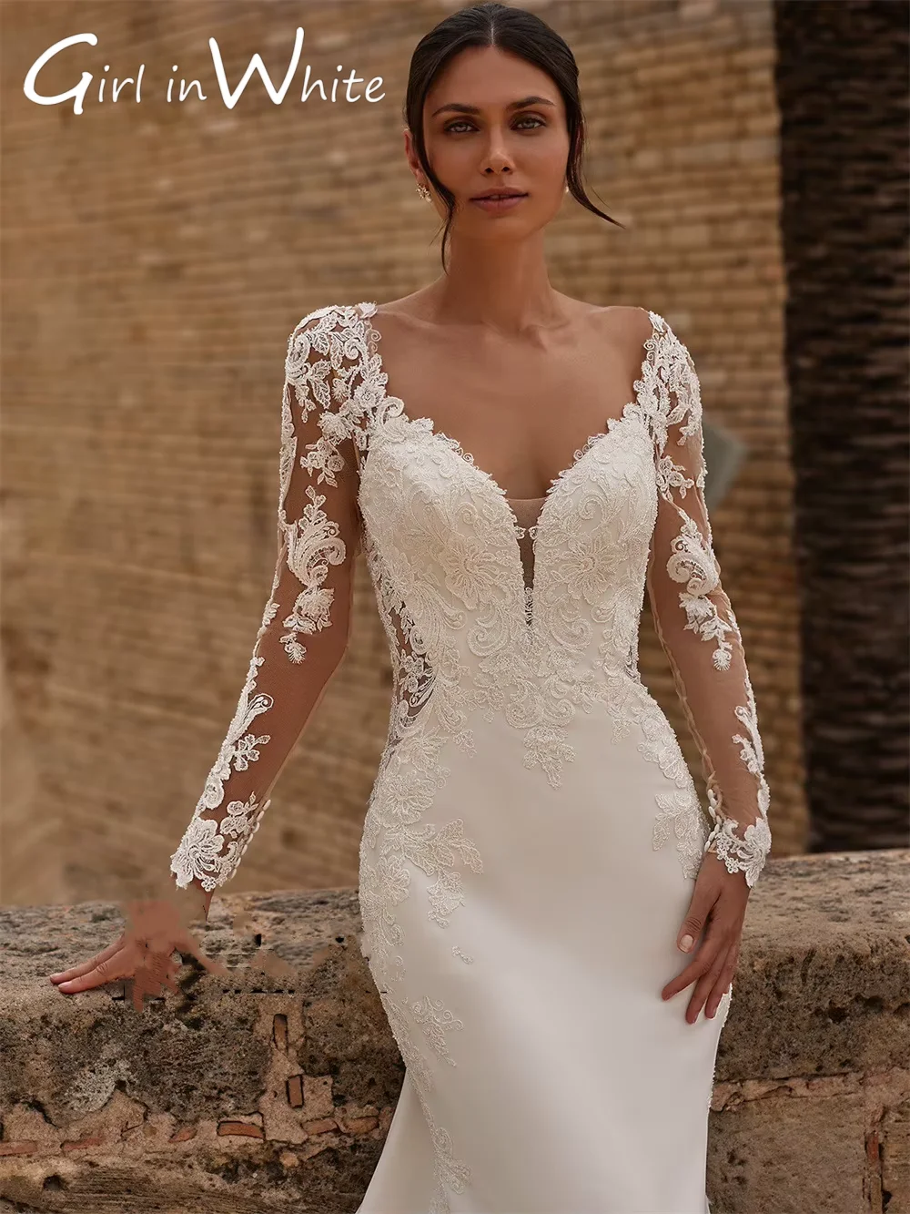 Elegant Wedding Dresses for Bride Square Collar Full Sleeves Appliques Lace Court Train customized Bridal Gowns Vestido De Noiva
