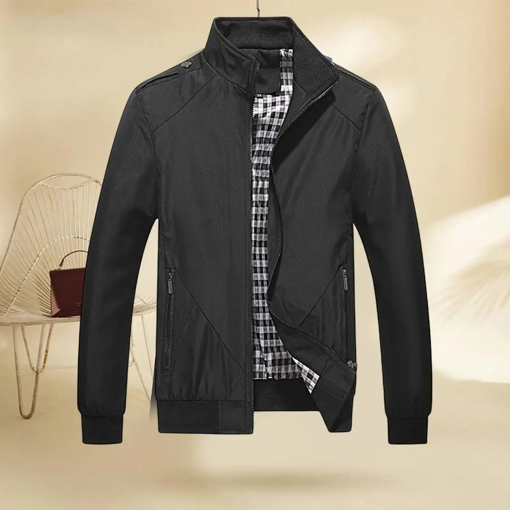 

Autumn Winter Men Jacket Solid Color Stand Collar Bomber Coat Zipper Placket Ribbed Bottom Men Outwear For Daily Wear