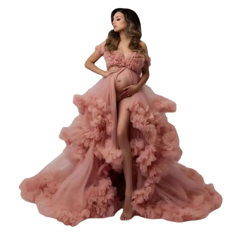 Tule vestido de maternidade robes para photoshoot inchado babados com decote em v lingerie nupcial longo sheer baby shower gravidez vestidos