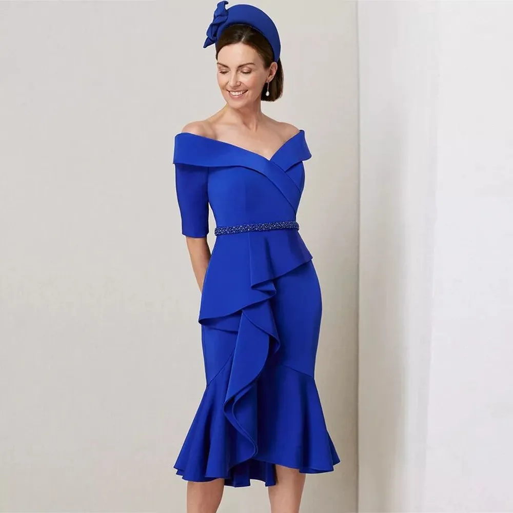 

Mermaid Mother Of The Bride Dress Elegant V Neck Off Shoulder Tea Length Jersey Wedding Guest Gown