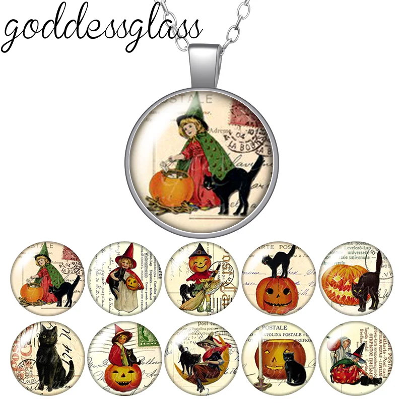 Happy Halloween Vintage Style Witch Pumpkin Cat Round Glass Glass Cabochon Argento Placcato Ciondolo Collana Regalo Di Gioielli