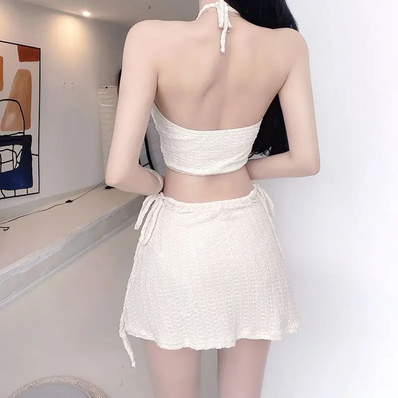 Women Sexy Halter Cut Out Lace Up Y2K 3pcs Swimsuit Sets Summer Vacation Outfits Bikini Skirt Push Up Solid Beach Wear Swimwears