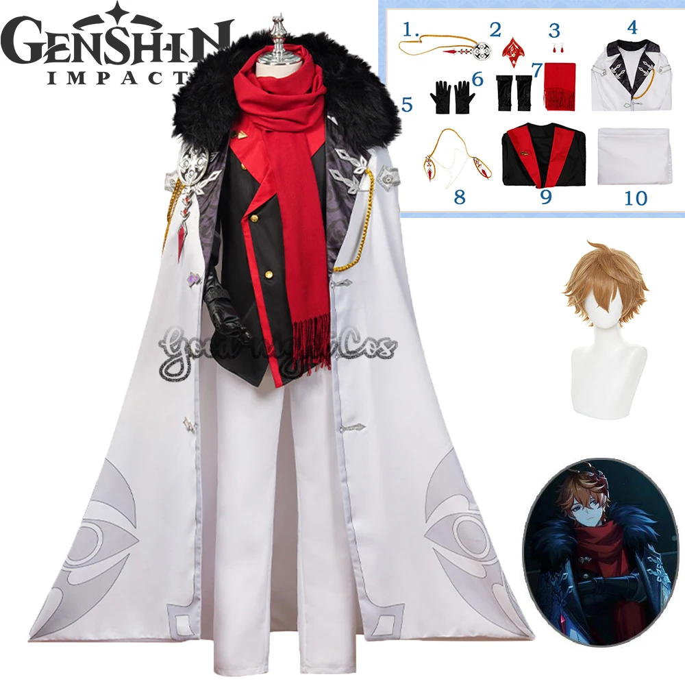 

Game Genshin Impact Tartaglia Eleven Fatui Harbingers Marionette Sandrone / Capitano / Pierro Cosplay Costume wig Cloak Fatui