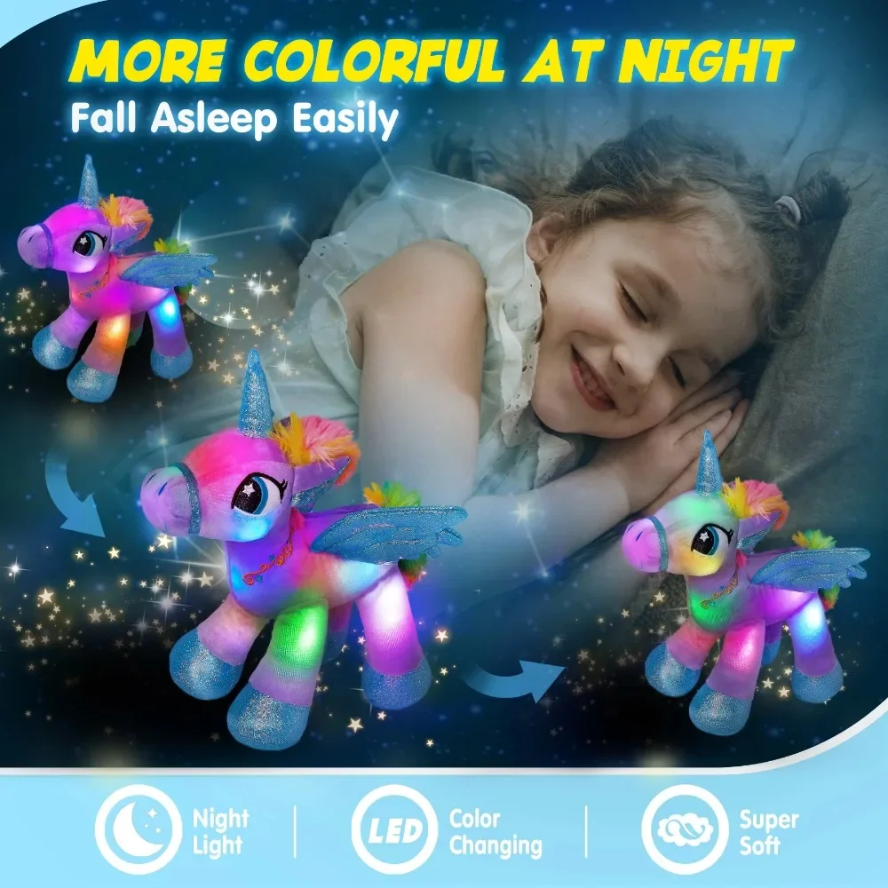 Plush Toy 35cm Purple Angel Unicorn with Wings Soft Plush Toys Home Sofa Decoration LED Light Stuffed Animals for Girls Glowing Toy Kids