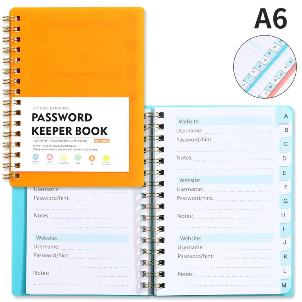 Alphabetical Tabs Spiral Password Keeper Notebook, A6 Mini Size, Secure Website Logins Organizer