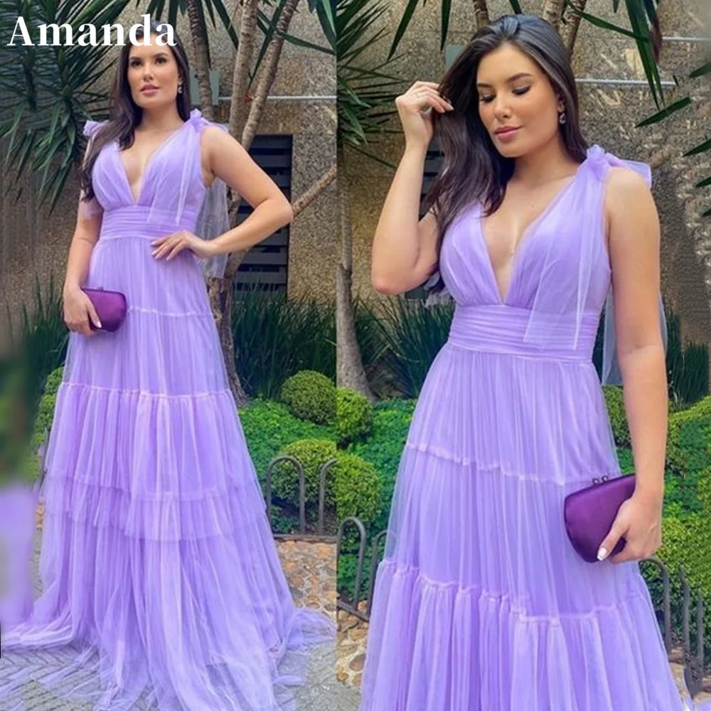 

Amanda Elegant Purple فساتين الحفلات Sexy V-neck Party Dress Bow On Shoulder Evening Dresses Sleeveless Tulle Prom Dress 2023