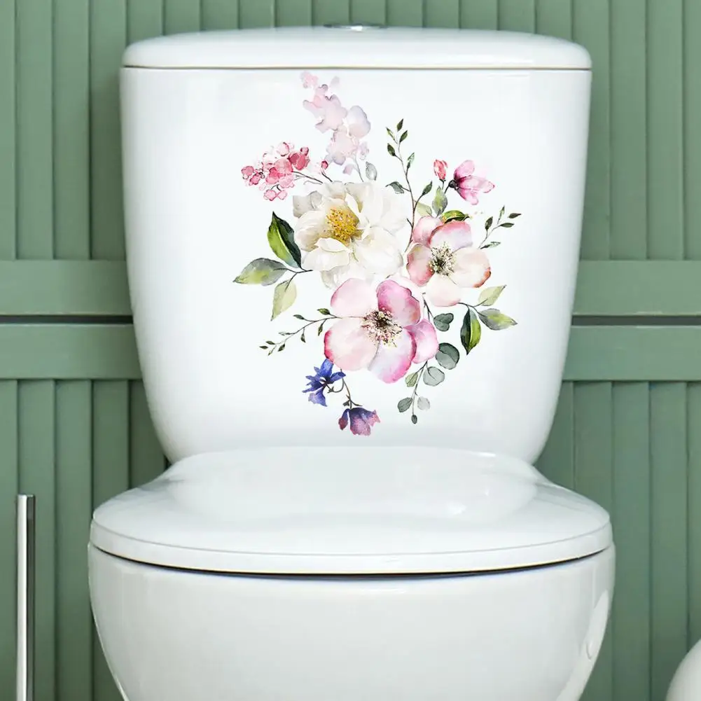 Toilet Lid Sticker Strong Stickiness PVC Waterproof Easy-peel Flower Theme Toilet Seat Decal Restroom Art Decoration Bathroom