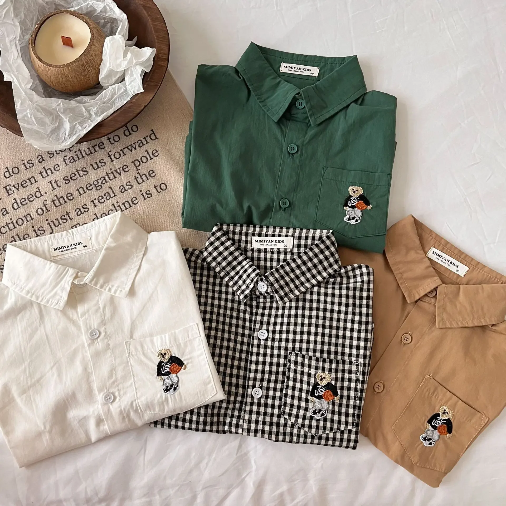 Korean Bear Shirt Baby Embroidery Grid Top Toddler Children's Clothes Autumn Boys Girls Camisa Blouse Clothes Infantil Menina kids shirts