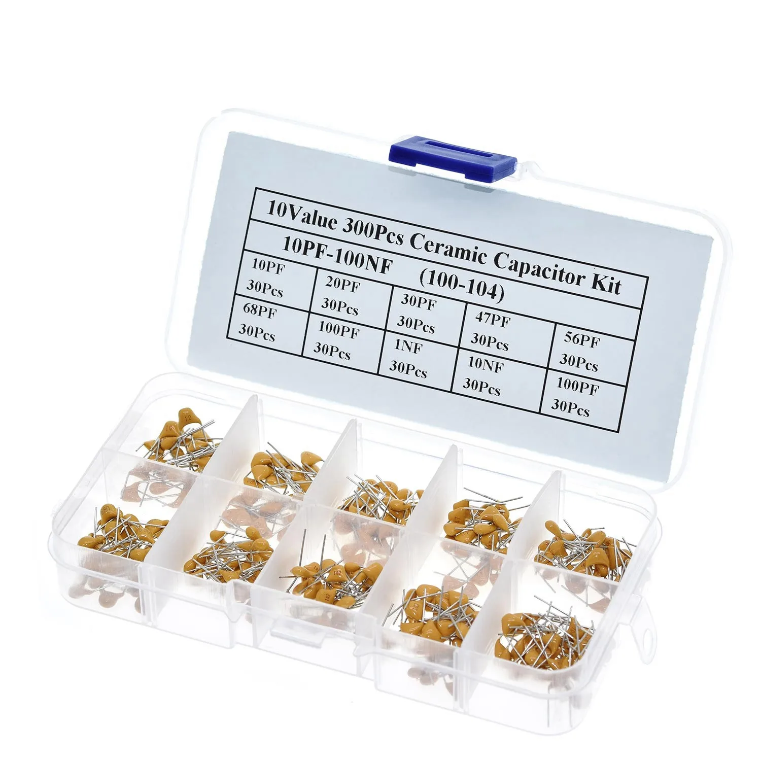 

300Pcs 50V 10Pf 20Pf 30Pf 47Pf 56Pf 68Pf 100Pf Multilayer Ceramic Capacitor Assortment Kit
