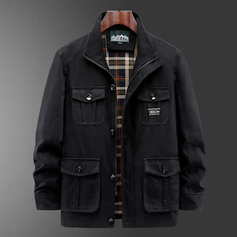 100% Cotton Coat Men Jacket Autumn Winter Windbreaker Bomber Jacket Multi-pocket Military Men's Clothing Casual Outerwear Black