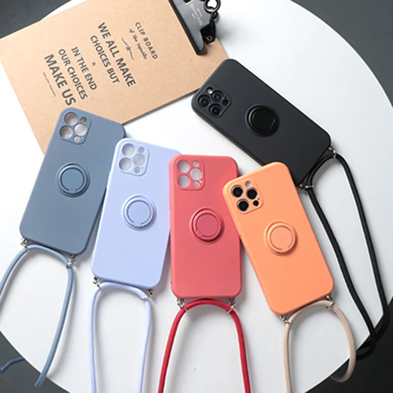 Ring Holder Strap Case For iPhone 13 12 Pro Mini XS Max XR X SE 2020 7 8 Plus 11 Pro Crossbody Cord Lanyard Magnetic TPU Cover