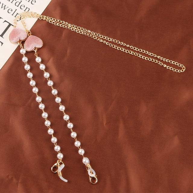 Fashion Colorful Velvet Heart Pendant Glasses Chain Elegant Imitation Pearls Face Mask Neck Strap Women Sunglasses Lanyard