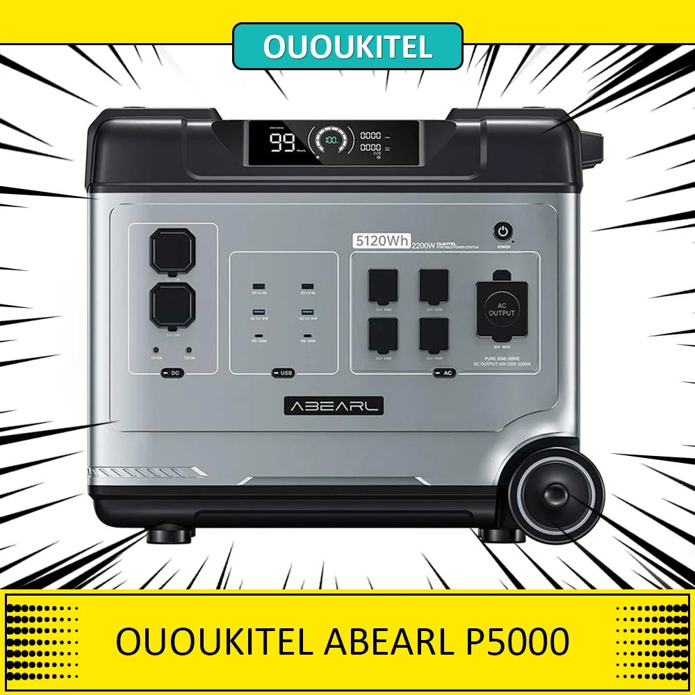 Ououkitel Abearl P5000 Centrale Elettrica Portatile, Batteria Lifepo4 Da 5120Wh, Uscita 2200W, 15 Uscite Smart Bms System Ups Senza Soluzione Di Conti