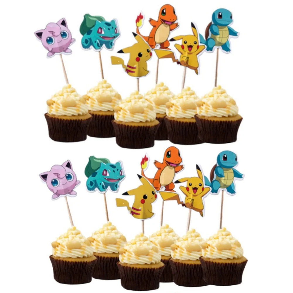 24pcs Pokemon Cupcake Toppers Anime Pikachu Party Cake Flags Cartoon Baby Shower Kids Boys Birthday Party Cake Decorations Gifts