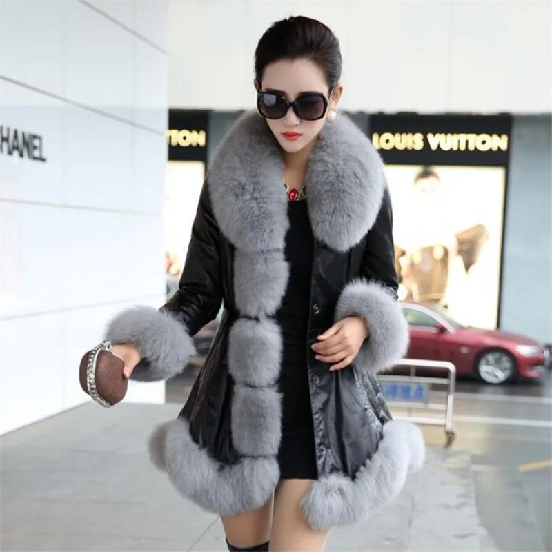 Women's Imitation Fox Fur Collar Leather Coat, Mid Length Version, Slim Outwear, Loose, Large Size, Thicken Warm Parkas, 2024