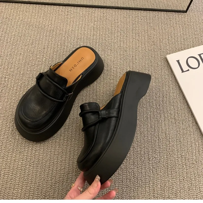 2024 Fashion Chunky Sandals heels Retro Large Head Women's Slippers Thick Bottom Women's Bag Head Half Slippers Vulcanized Shoes