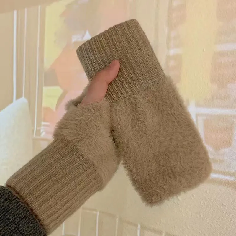 Winter Touch Screen Plush Warm Gloves Women Outdoor Warm Stretch Furry Mittens Wool Half Finger Fingerless Wrist Mitten