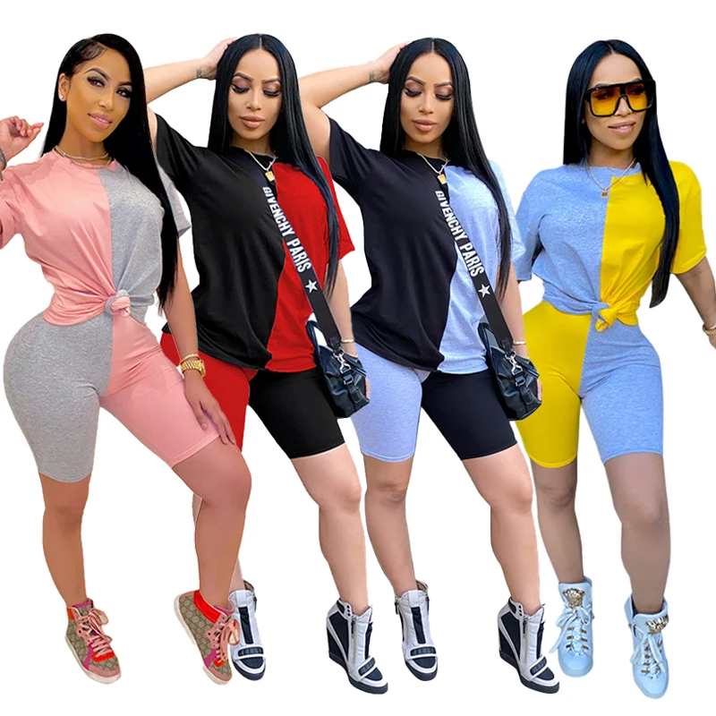 Женский спортивный комплект из двух предметов, футболка и велосипедные шорты контрастных цветов