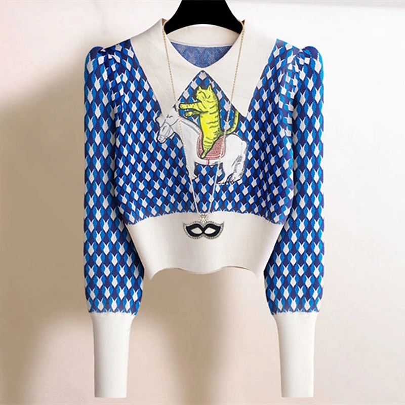 

Puff Sleeve Retro Peter Pan Collar Cat Embroidery Sweaters Sweet Girls Sexy Crop Top Women Streetwear Kawaii Clothes Winter 2022