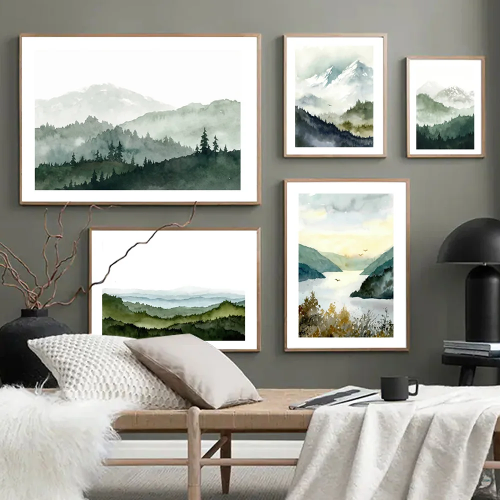 Canvas wall art Oil painting wall art Foggy Mountain Misty Forest Pine Sage Green Wall Art Canvas Painting Nordic Poster And Prints Wall Picture for Living Room Decor