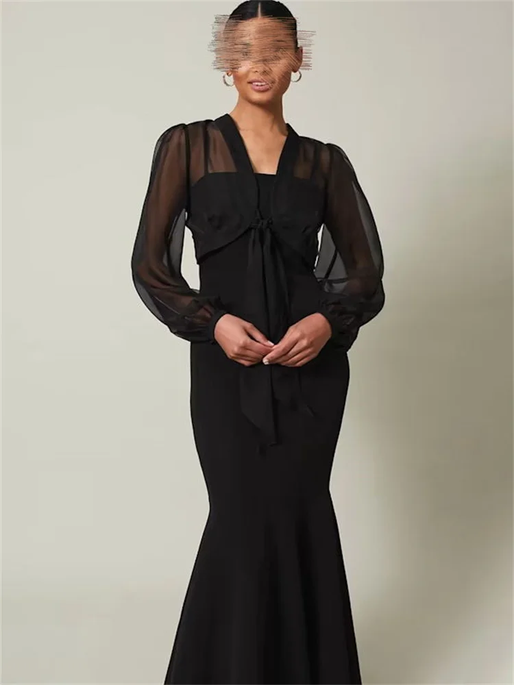 

Длинные вечерние платья, черные платья для выпускного вечера с длинным рукавом, 2024, шифоновая куртка, элегантное женское вечернее коктейльное платье, новая коллекция الحالحالح