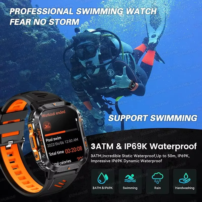 2025New 남성 군용 GPS 스마트 시계 손전등 나침반 고도계 HD 블루투스 통화 심박수 3ATM 방수 스포츠 Smartwatch