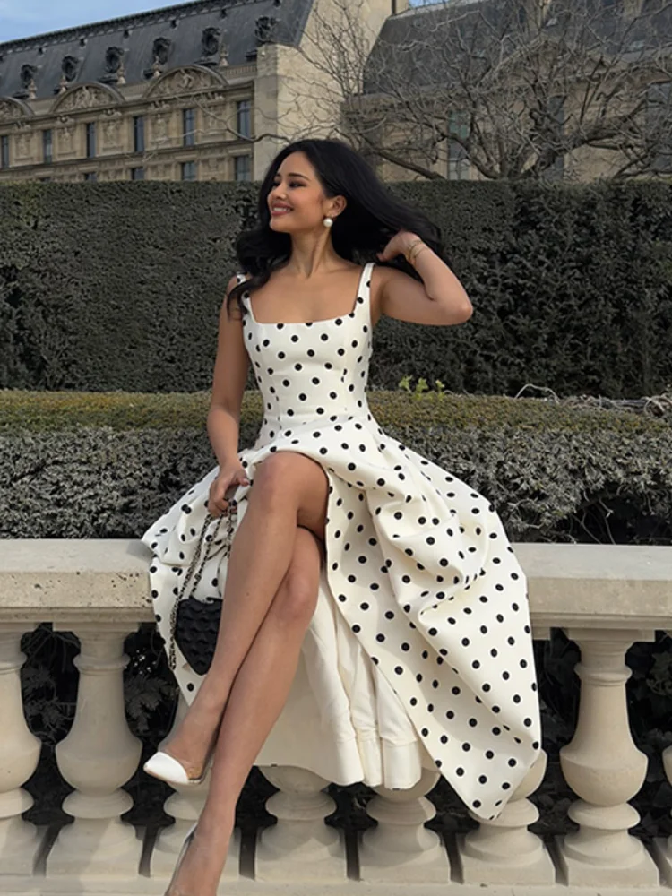 Elegant Polka Dot High Waist Party Dress Fashion Square Neck