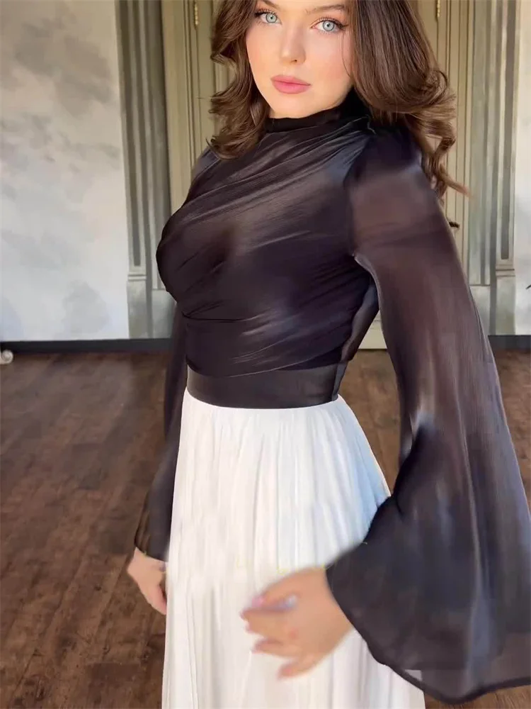 Elegante vestido plisado para mujer, de malla con retazos, vendaje, capas, ajustado, de calle, transparente, en contraste, nuevo vestido largo de otoño